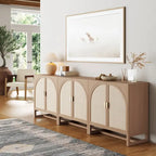 Meuble de rangement bohème en bois avec portes cintrées en rotin | Étagères réglables | Pieds en bois massif | Salon
