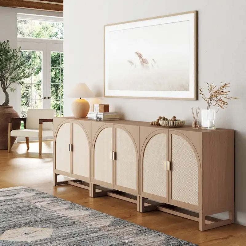 Meuble de rangement bohème en bois avec portes cintrées en rotin | Étagères réglables | Pieds en bois massif | Salon