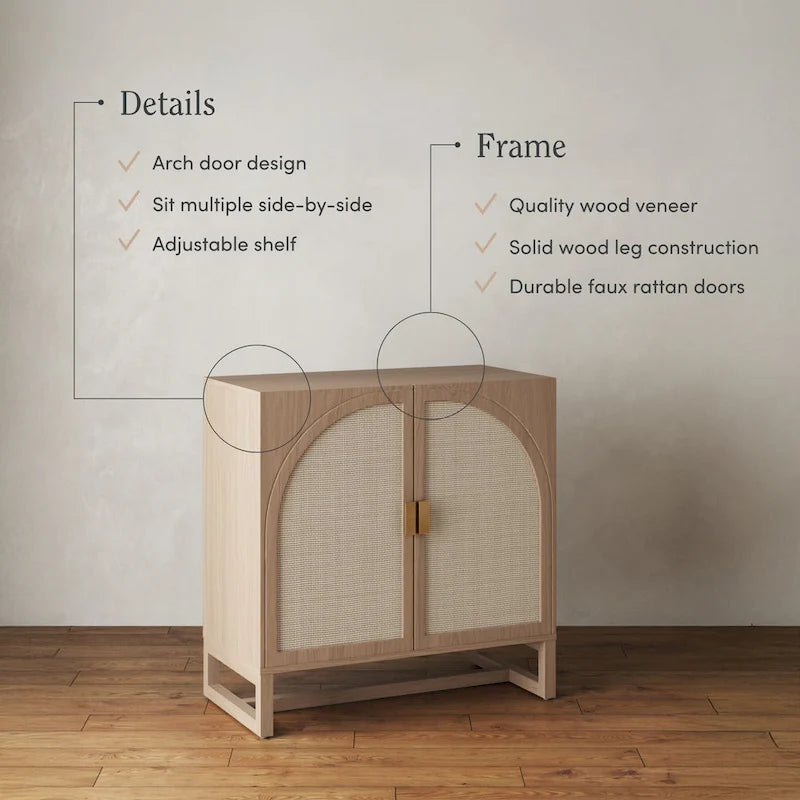 Meuble de rangement bohème en bois avec portes cintrées en rotin | Étagères réglables | Pieds en bois massif | Salon