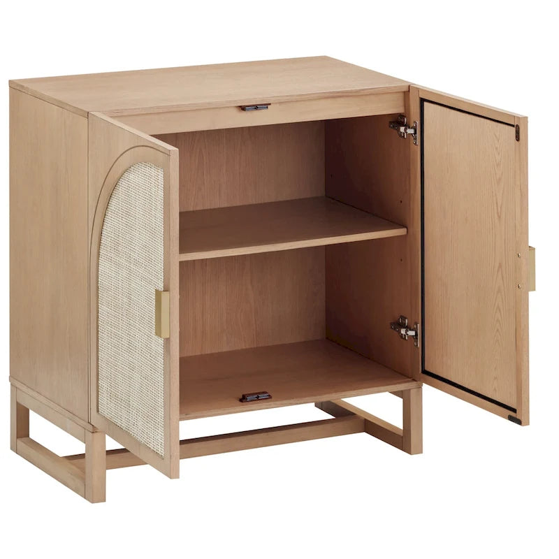 Meuble de rangement bohème en bois avec portes cintrées en rotin | Étagères réglables | Pieds en bois massif | Salon