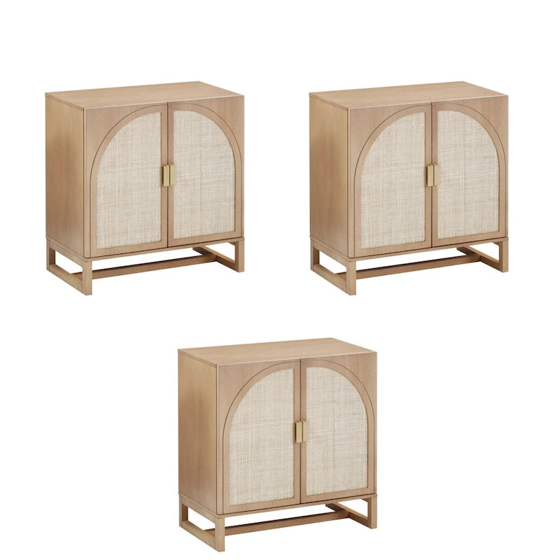 Meuble de rangement bohème en bois avec portes cintrées en rotin | Étagères réglables | Pieds en bois massif | Salon