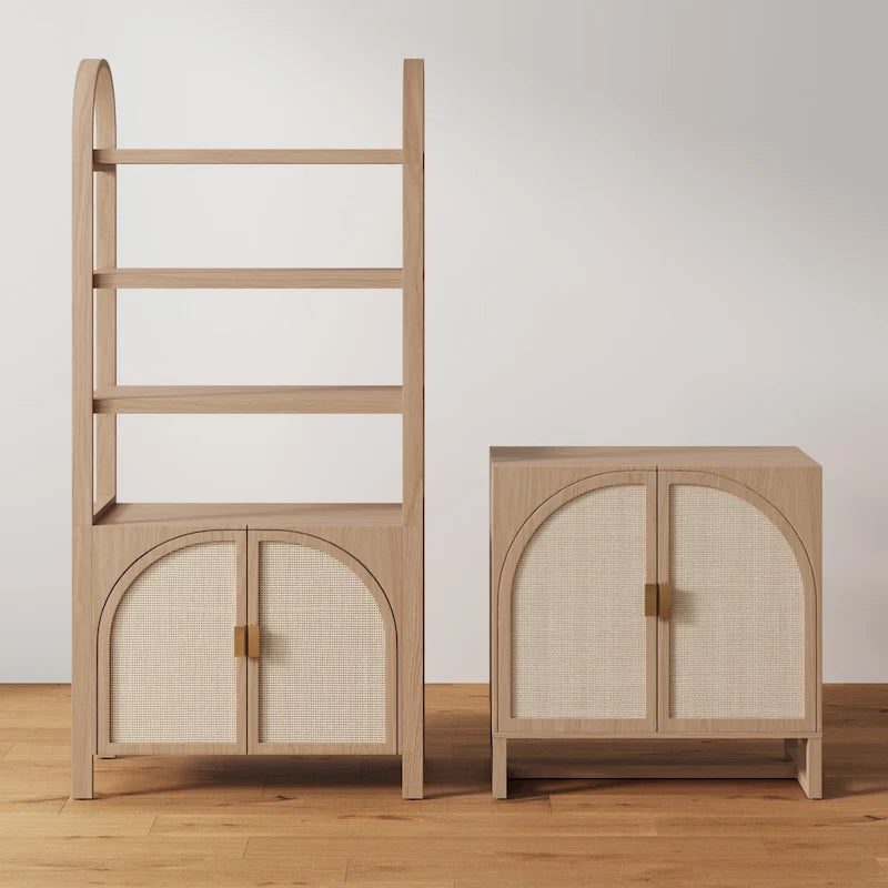 Meuble de rangement bohème en bois avec portes cintrées en rotin | Étagères réglables | Pieds en bois massif | Salon