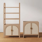 Meuble de rangement bohème en bois avec portes cintrées en rotin | Étagères réglables | Pieds en bois massif | Salon