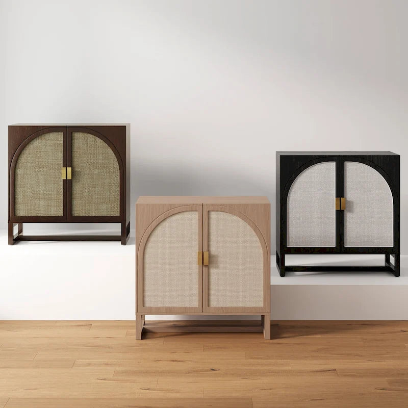 Meuble de rangement bohème en bois avec portes cintrées en rotin | Étagères réglables | Pieds en bois massif | Salon