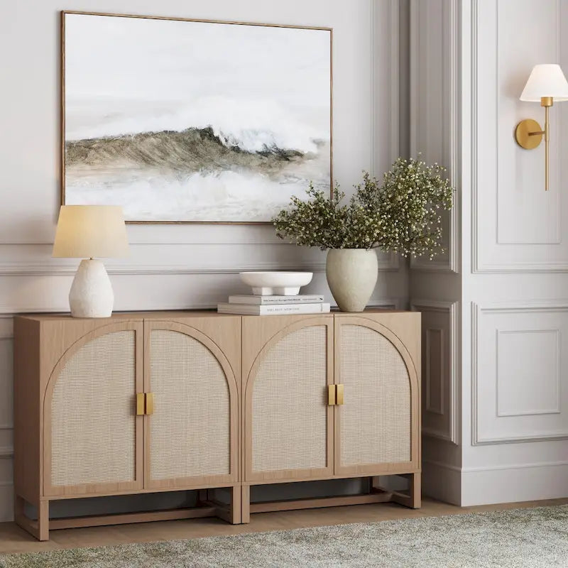 Meuble de rangement bohème en bois avec portes cintrées en rotin | Étagères réglables | Pieds en bois massif | Salon