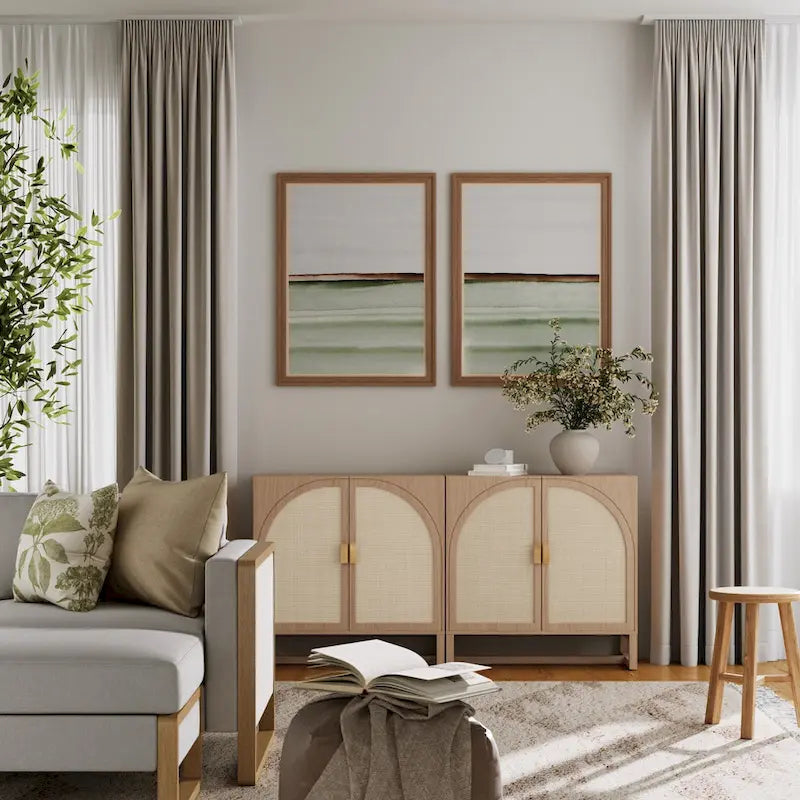 Meuble de rangement bohème en bois avec portes cintrées en rotin | Étagères réglables | Pieds en bois massif | Salon