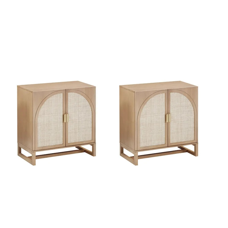 Meuble de rangement bohème en bois avec portes cintrées en rotin | Étagères réglables | Pieds en bois massif | Salon