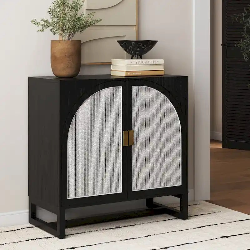 Meuble de rangement bohème en bois avec portes cintrées en rotin | Étagères réglables | Pieds en bois massif | Salon