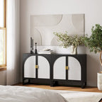 Meuble de rangement bohème en bois avec portes cintrées en rotin | Étagères réglables | Pieds en bois massif | Salon