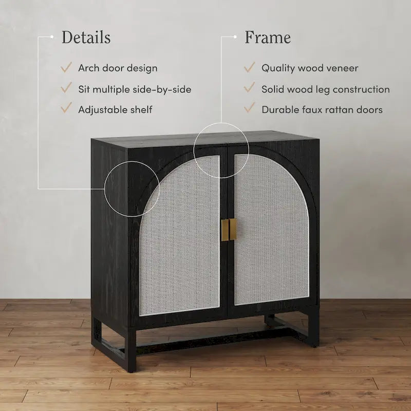 Meuble de rangement bohème en bois avec portes cintrées en rotin | Étagères réglables | Pieds en bois massif | Salon