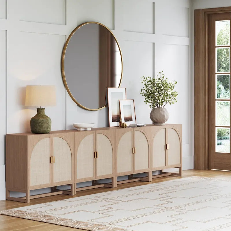 Meuble de rangement bohème en bois avec portes cintrées en rotin | Étagères réglables | Pieds en bois massif | Salon