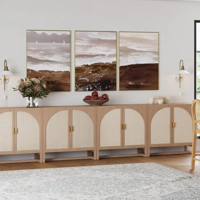 Meuble de rangement bohème en bois avec portes cintrées en rotin | Étagères réglables | Pieds en bois massif | Salon