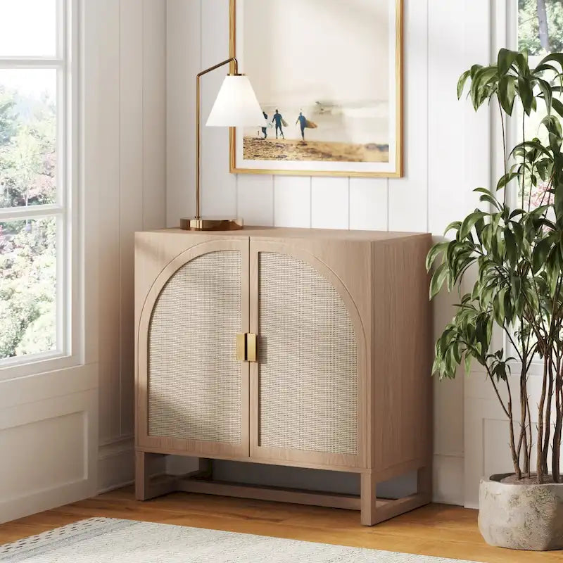 Meuble de rangement bohème en bois avec portes cintrées en rotin | Étagères réglables | Pieds en bois massif | Salon