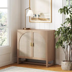 Meuble de rangement bohème en bois avec portes cintrées en rotin | Étagères réglables | Pieds en bois massif | Salon