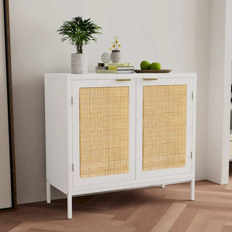 Buffet vaisselier en rotin et bois blanc | 2 portes | Étagère réglable | Style bohème | MDF