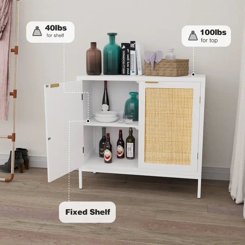 Buffet vaisselier en rotin et bois blanc | 2 portes | Étagère réglable | Style bohème | MDF
