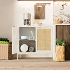 Buffet vaisselier en rotin et bois blanc | 2 portes | Étagère réglable | Style bohème | MDF
