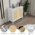 Buffet vaisselier en rotin et bois blanc | 2 portes | Étagère réglable | Style bohème | MDF