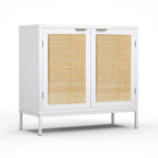 Buffet vaisselier en rotin et bois blanc | 2 portes | Étagère réglable | Style bohème | MDF