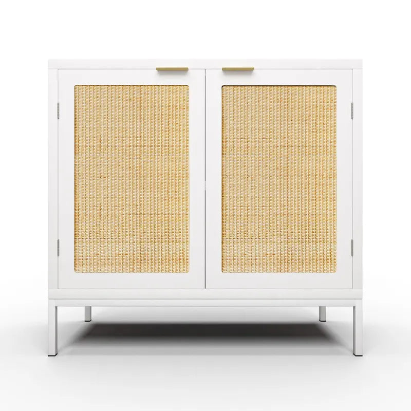 Buffet vaisselier en rotin et bois blanc | 2 portes | Étagère réglable | Style bohème | MDF