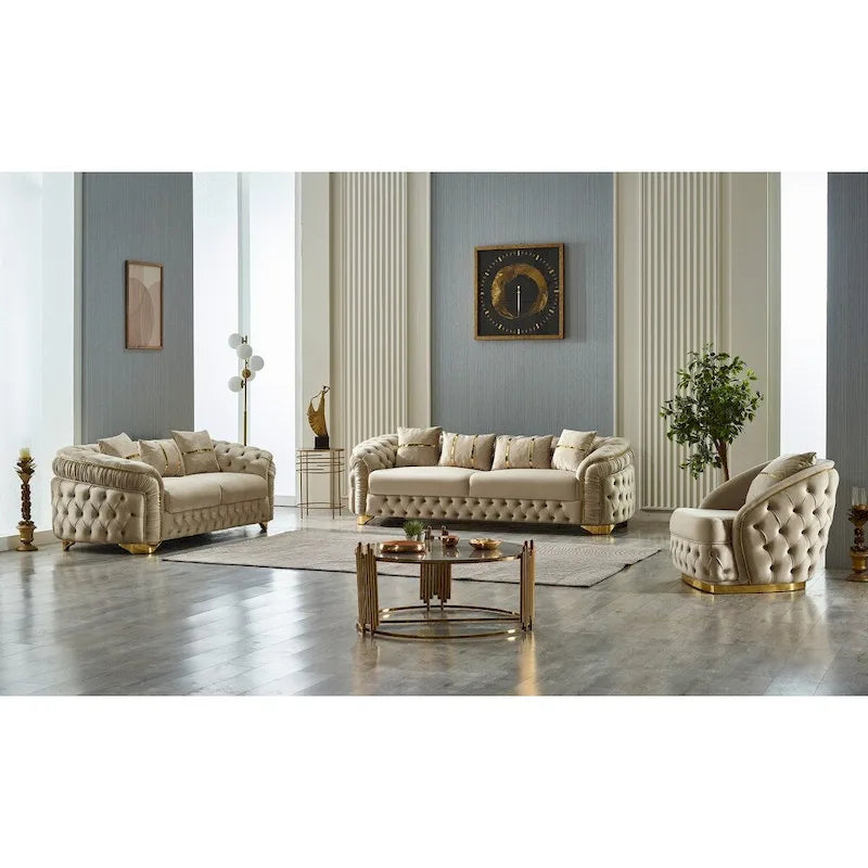 Ensemble canapé 3 places capitonné, causeuse et fauteuil | Accoudoirs Chester | Pieds dorés | Style classique moderne