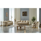 Ensemble canapé 3 places capitonné, causeuse et fauteuil | Accoudoirs Chester | Pieds dorés | Style classique moderne
