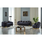 Ensemble canapé 3 places capitonné, causeuse et fauteuil | Accoudoirs Chester | Pieds dorés | Style classique moderne