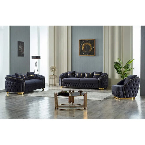 Ensemble canapé 3 places capitonné, causeuse et fauteuil | Accoudoirs Chester | Pieds dorés | Style classique moderne