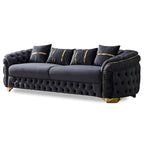 Ensemble canapé 3 places capitonné, causeuse et fauteuil | Accoudoirs Chester | Pieds dorés | Style classique moderne