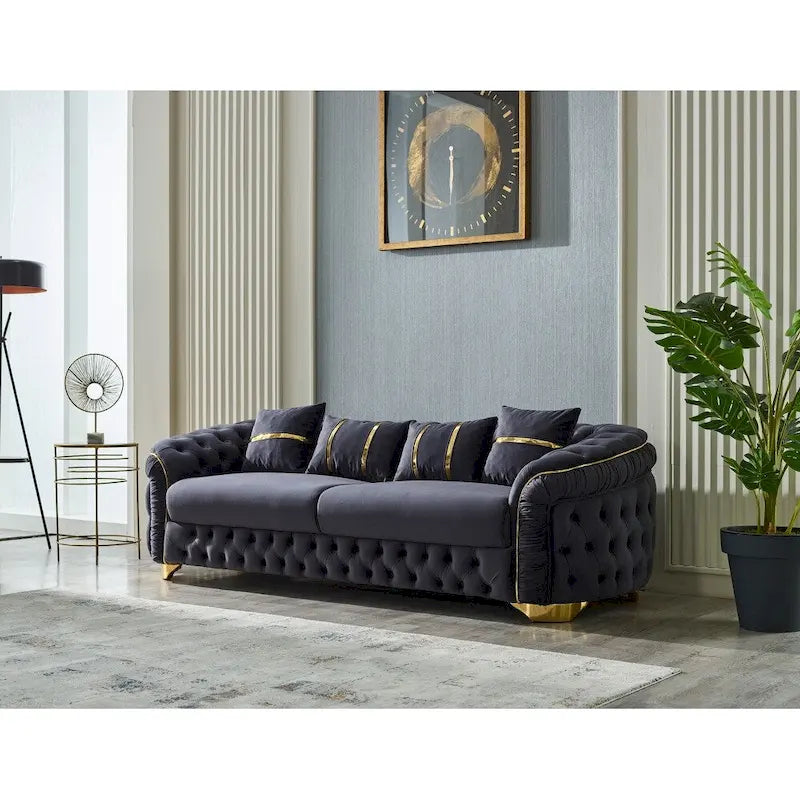 Ensemble canapé 3 places capitonné, causeuse et fauteuil | Accoudoirs Chester | Pieds dorés | Style classique moderne