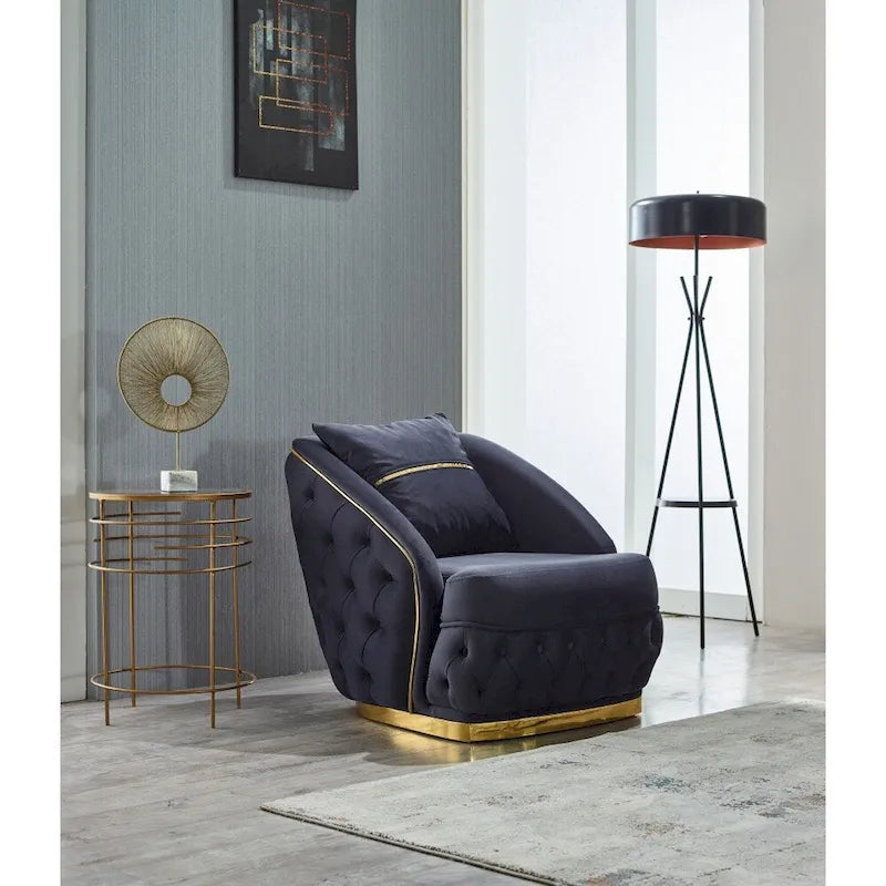 Ensemble canapé 3 places capitonné, causeuse et fauteuil | Accoudoirs Chester | Pieds dorés | Style classique moderne