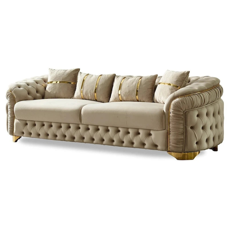 Ensemble canapé 3 places capitonné, causeuse et fauteuil | Accoudoirs Chester | Pieds dorés | Style classique moderne