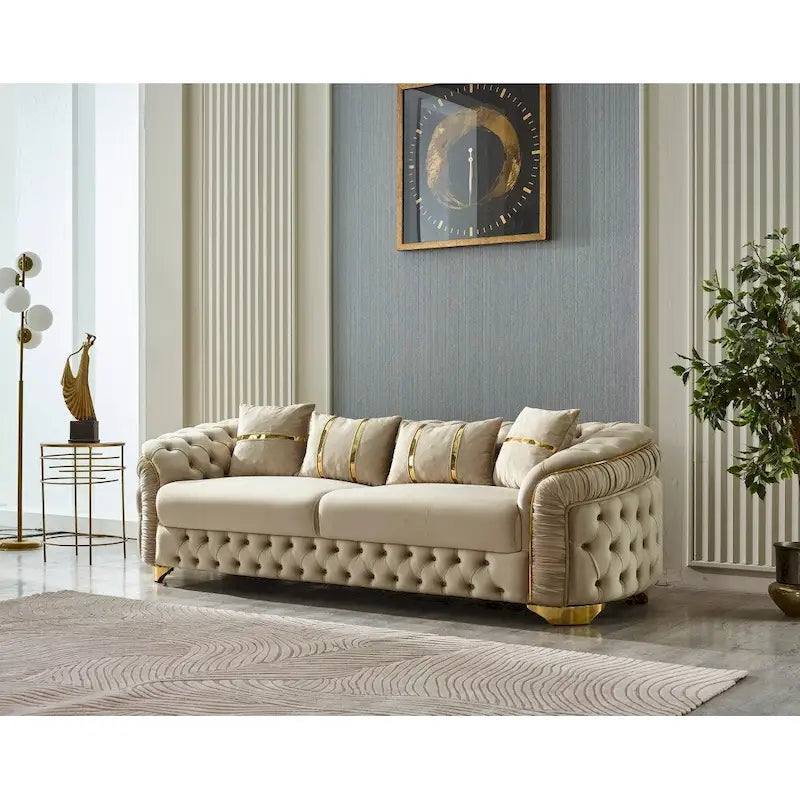 Ensemble canapé 3 places capitonné, causeuse et fauteuil | Accoudoirs Chester | Pieds dorés | Style classique moderne