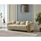 Ensemble canapé 3 places capitonné, causeuse et fauteuil | Accoudoirs Chester | Pieds dorés | Style classique moderne