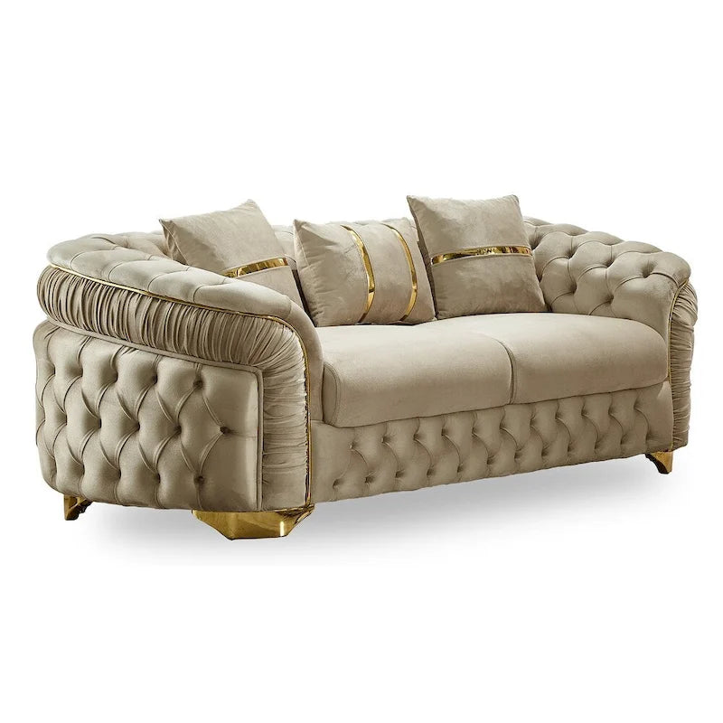 Ensemble canapé 3 places capitonné, causeuse et fauteuil | Accoudoirs Chester | Pieds dorés | Style classique moderne