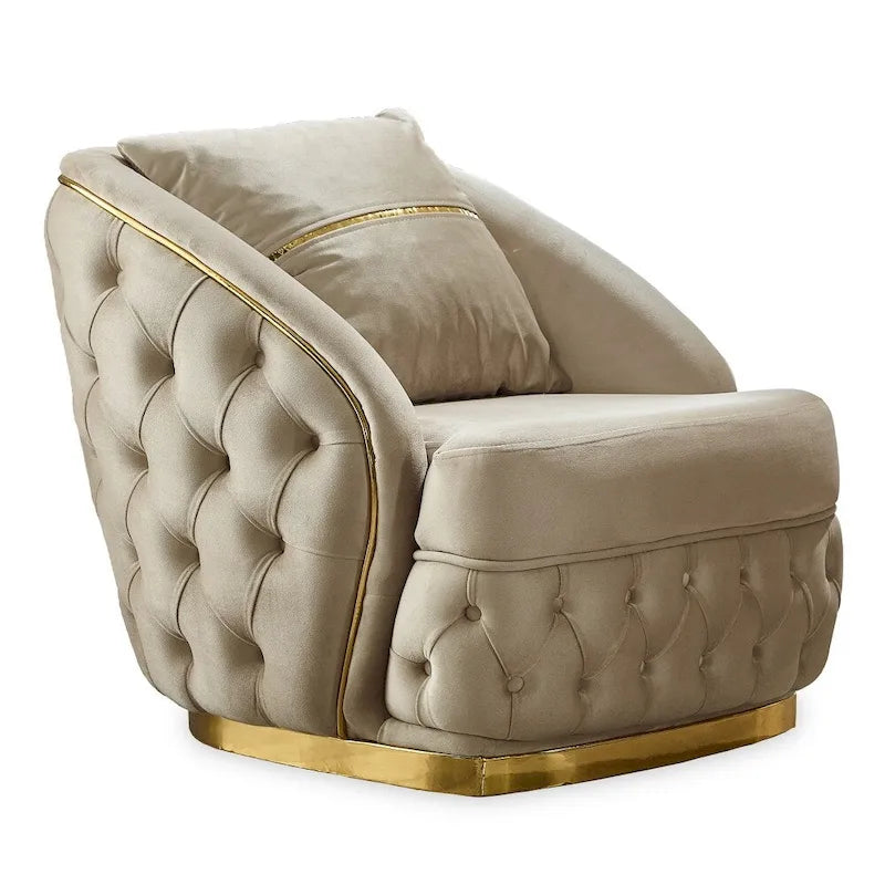 Ensemble canapé 3 places capitonné, causeuse et fauteuil | Accoudoirs Chester | Pieds dorés | Style classique moderne