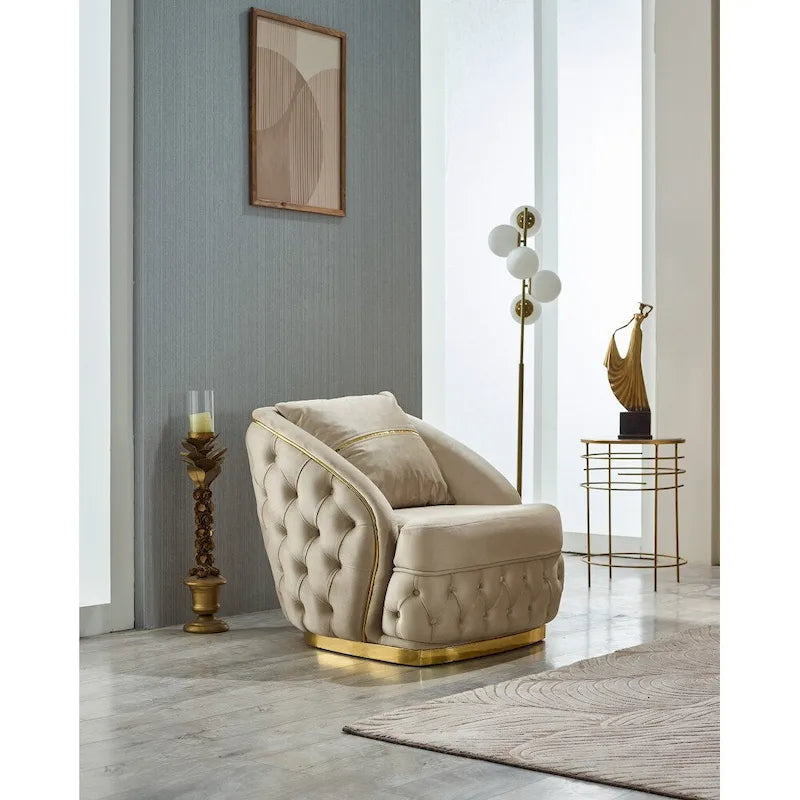 Ensemble canapé 3 places capitonné, causeuse et fauteuil | Accoudoirs Chester | Pieds dorés | Style classique moderne