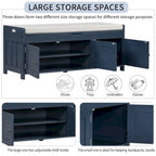 Banc de rangement avec 3 portes persiennes, banc à chaussures avec coussin amovible et espace de rangement caché