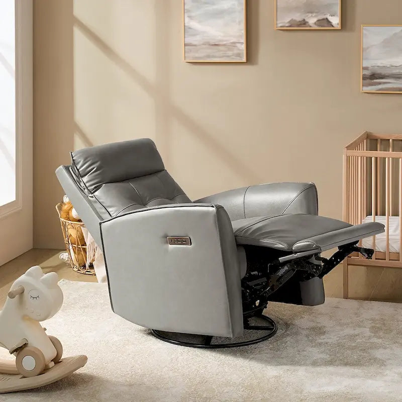 Fauteuil inclinable électrique en cuir véritable | Appuie-tête et repose-pieds électriques | Port USB | 150 kg | Pivotant et à bascule