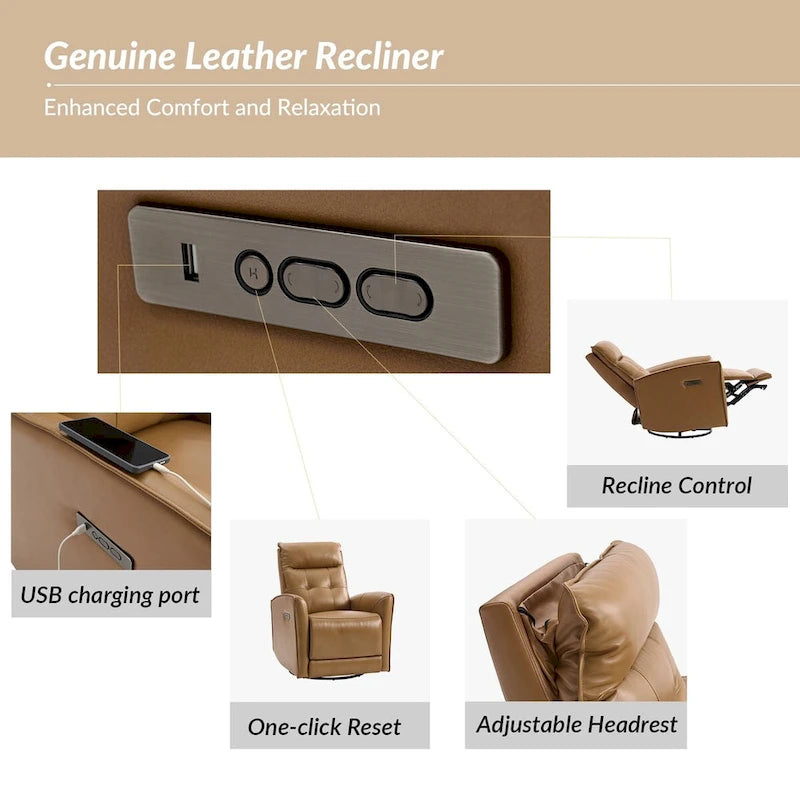 Fauteuil inclinable électrique en cuir véritable | Appuie-tête et repose-pieds électriques | Port USB | 150 kg | Pivotant et à bascule