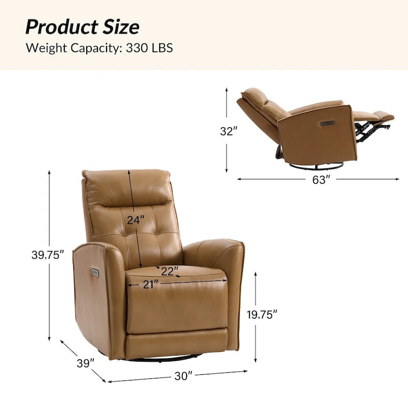 Fauteuil inclinable électrique en cuir véritable | Appuie-tête et repose-pieds électriques | Port USB | 150 kg | Pivotant et à bascule
