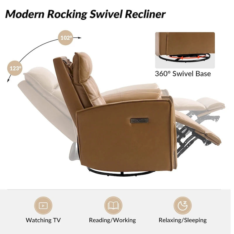 Fauteuil inclinable électrique en cuir véritable | Appuie-tête et repose-pieds électriques | Port USB | 150 kg | Pivotant et à bascule