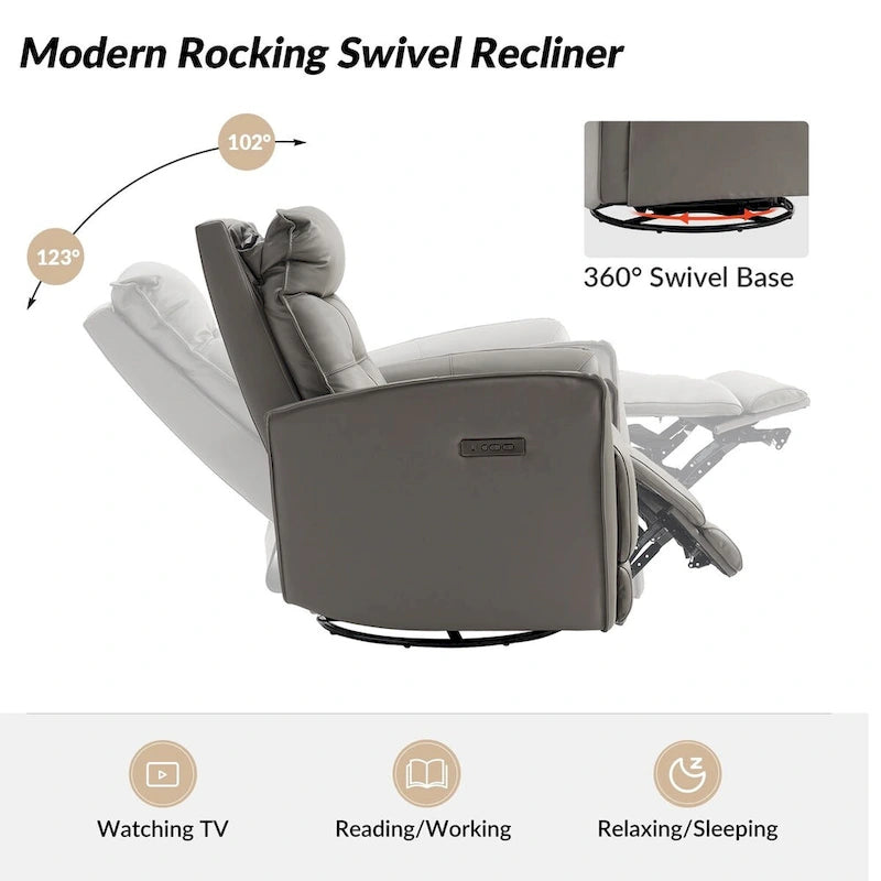 Fauteuil inclinable électrique en cuir véritable | Appuie-tête et repose-pieds électriques | Port USB | 150 kg | Pivotant et à bascule