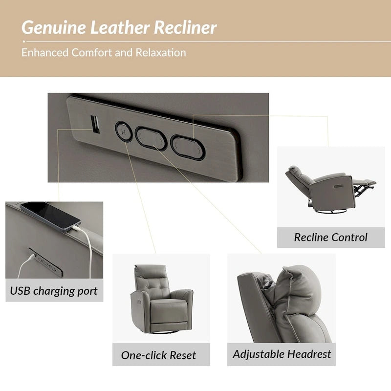 Fauteuil inclinable électrique en cuir véritable | Appuie-tête et repose-pieds électriques | Port USB | 150 kg | Pivotant et à bascule