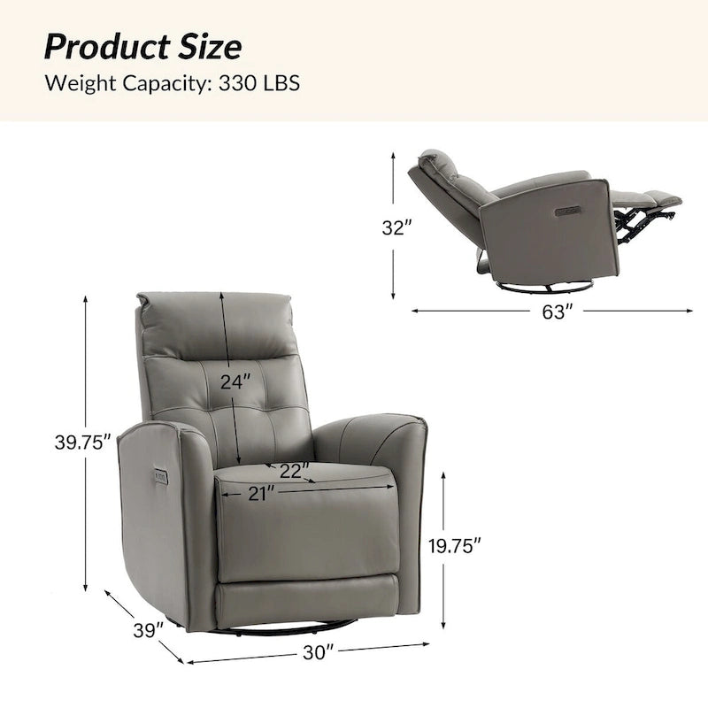 Fauteuil inclinable électrique en cuir véritable | Appuie-tête et repose-pieds électriques | Port USB | 150 kg | Pivotant et à bascule