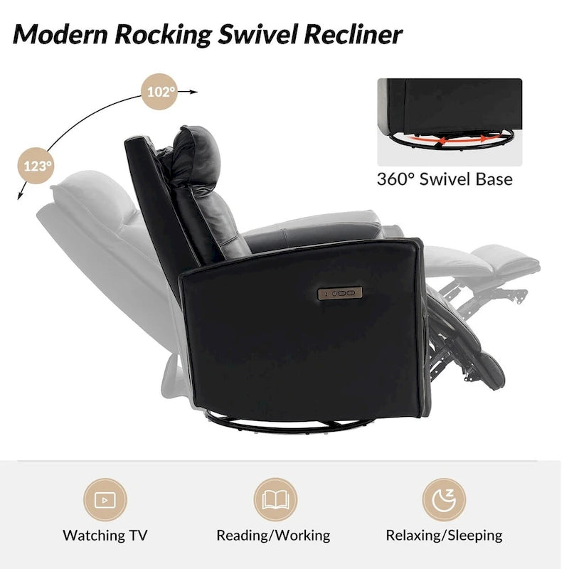 Fauteuil inclinable électrique en cuir véritable | Appuie-tête et repose-pieds électriques | Port USB | 150 kg | Pivotant et à bascule
