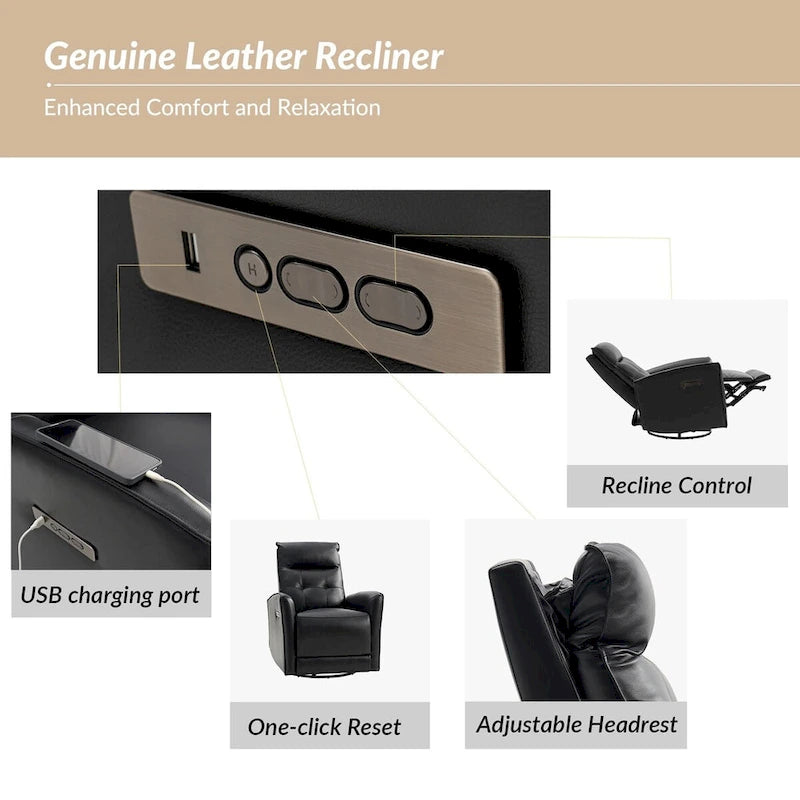 Fauteuil inclinable électrique en cuir véritable | Appuie-tête et repose-pieds électriques | Port USB | 150 kg | Pivotant et à bascule