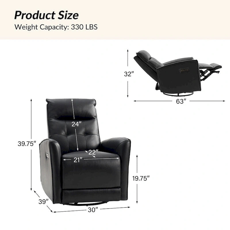 Fauteuil inclinable électrique en cuir véritable | Appuie-tête et repose-pieds électriques | Port USB | 150 kg | Pivotant et à bascule