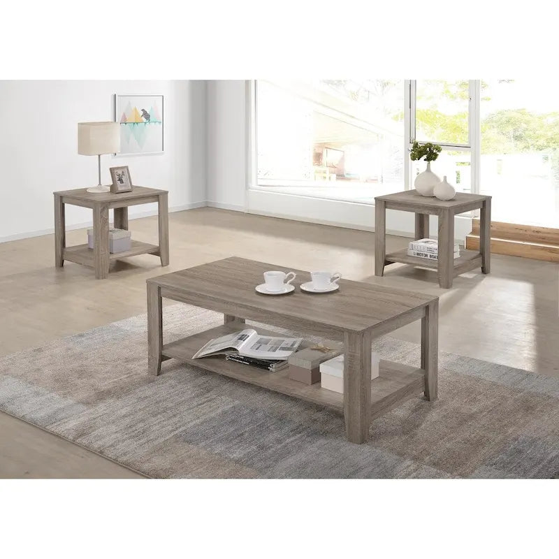 Table basse de transition | Fini taupe vieilli | Tablette de rangement inférieure | Design épuré