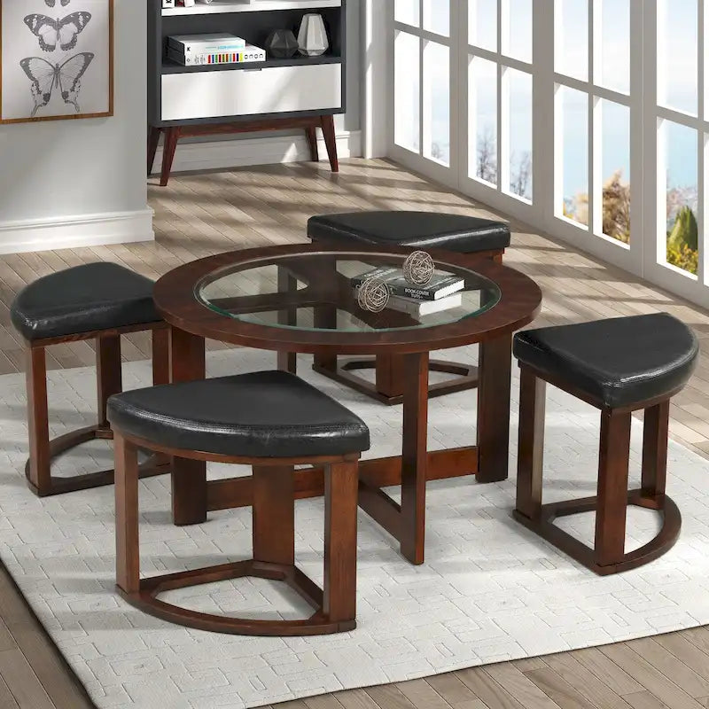 Table basse ronde avec plateau en verre et 4 tabourets en similicuir | Finition espresso | Diamètre 36 po | Gain de place